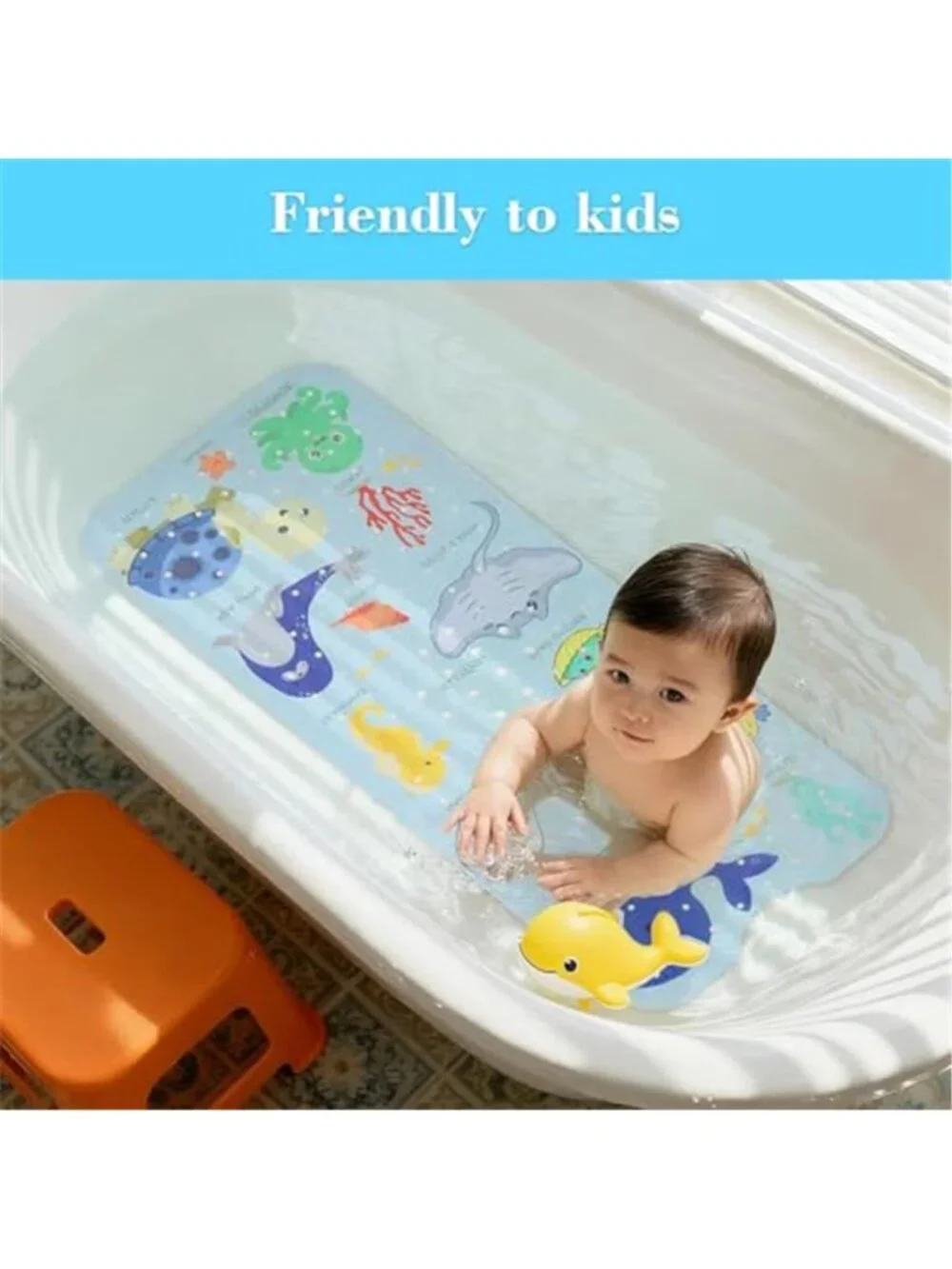 Kids Bath Mat Non Slip Bathtub Mat Toddler Baby Suction Cup Sea Animals Blue